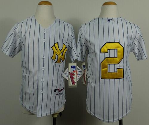 Yankees #2 Derek Jeter White Stitched Youth Fashion Gold MLB Jersey - Click Image to Close